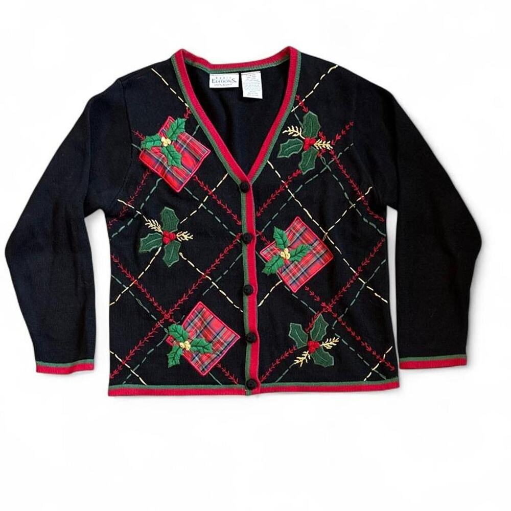 Basic Editions Vintage Christmas Gift & Holly Cardigan Sweater L/XL